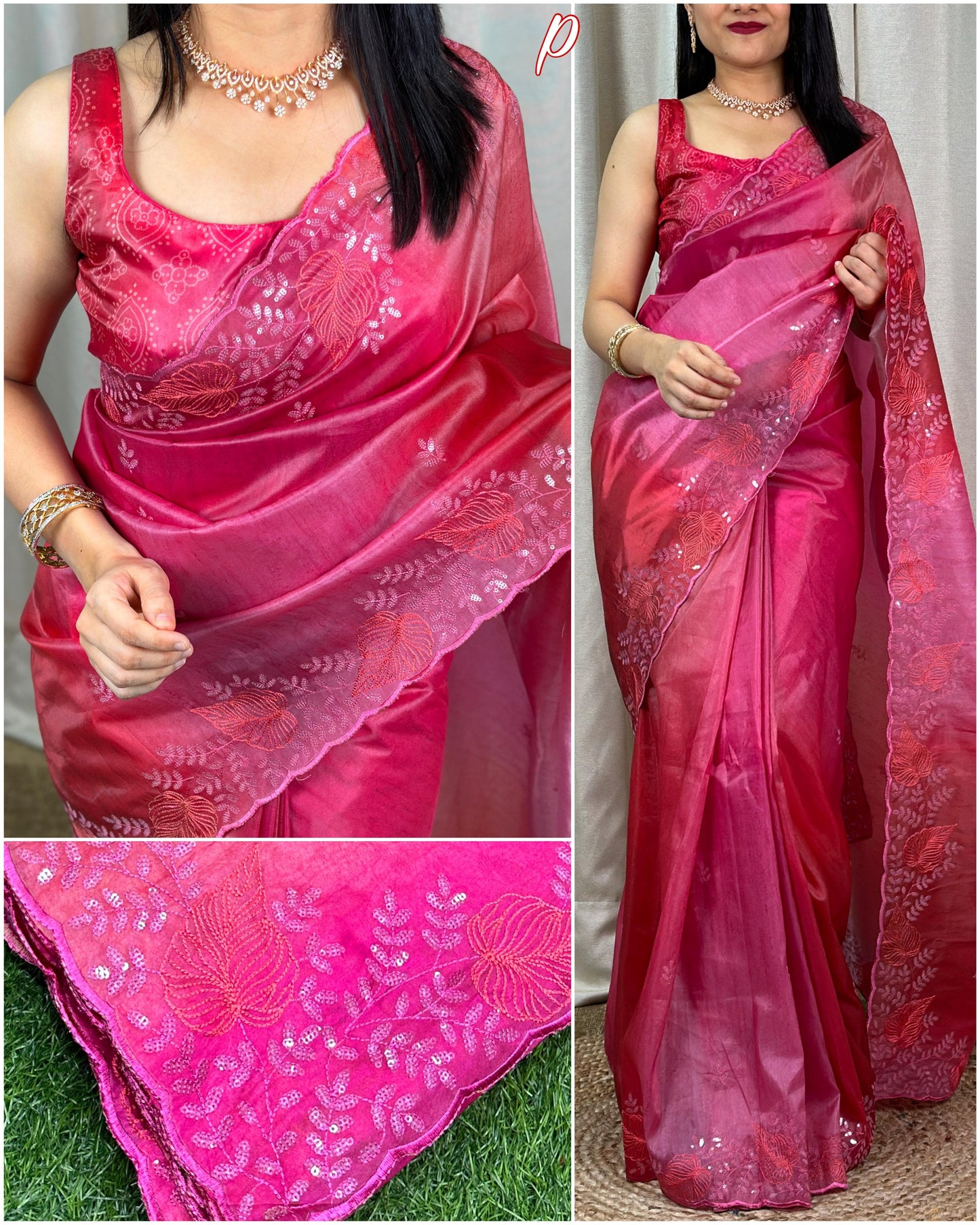 Glass Satin Silk Saree With Shaded Printed Saree and Sequence Thread Work