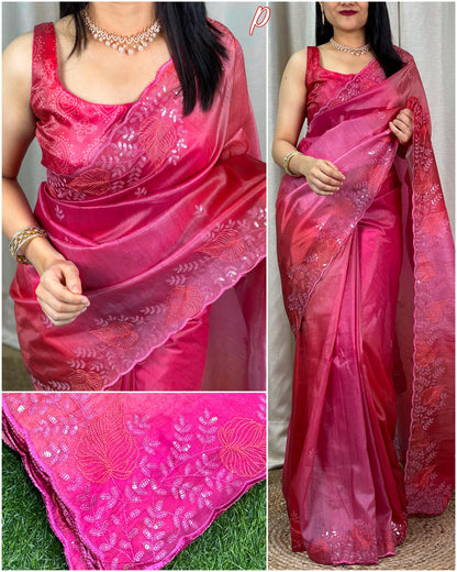 Glass Satin Silk Saree With Shaded Printed Saree and Sequence Thread Work