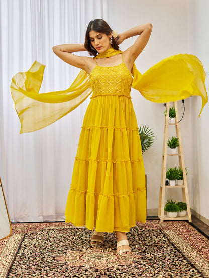 Yellow Soft Georgette Sharara Set With Mirror Embroidery Work