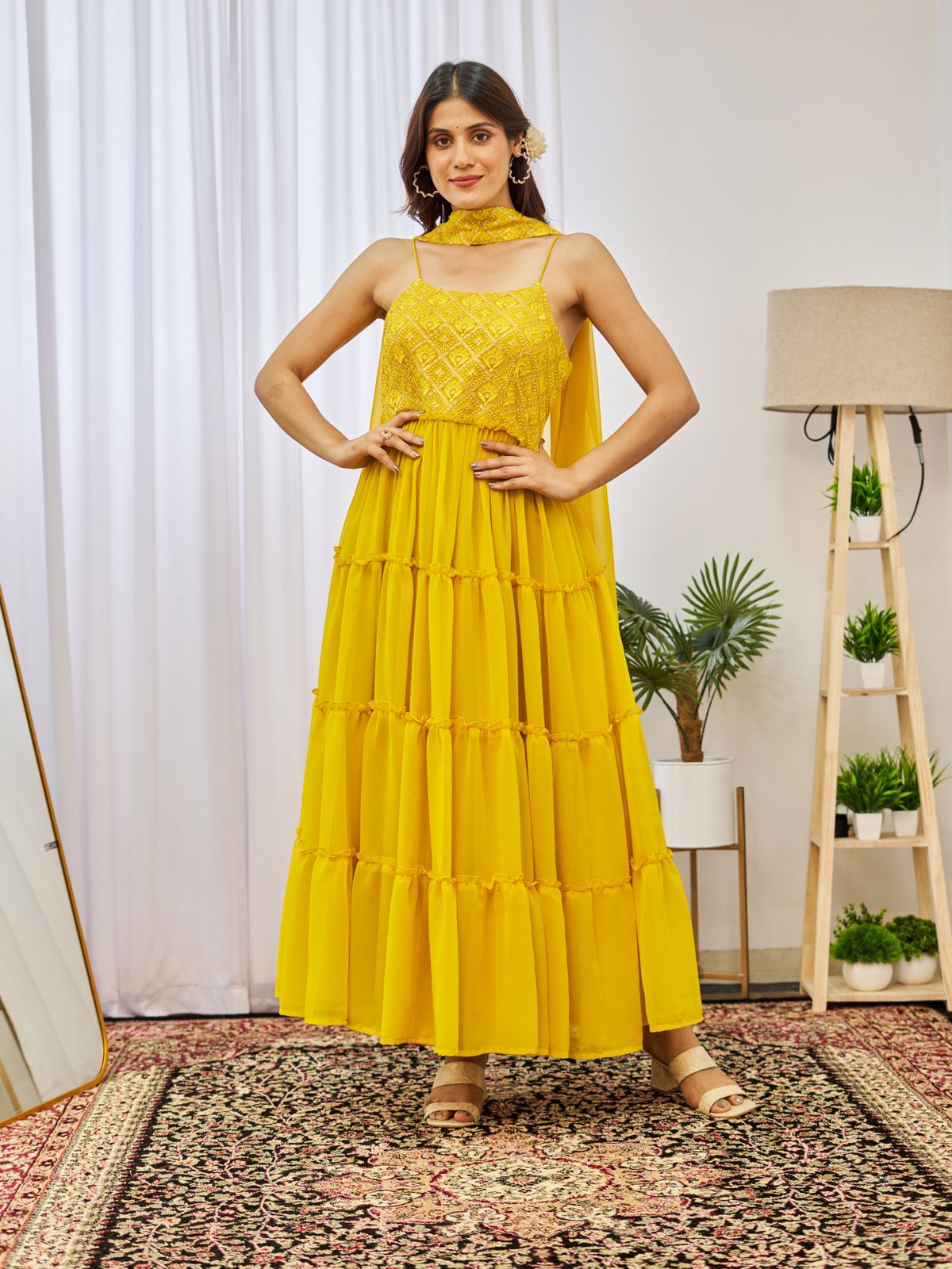 Yellow Soft Georgette Sharara Set With Mirror Embroidery Work