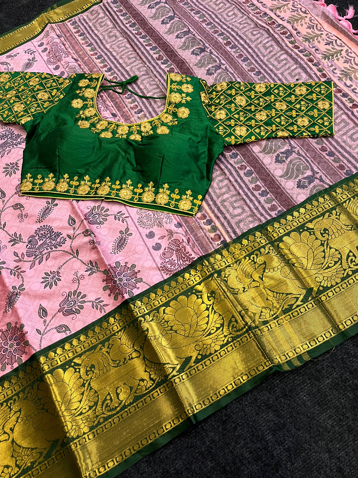 Soft Cotton Kanjivaram Silk Saree With Maggam Work Blouse