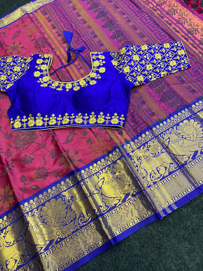 Soft Cotton Kanjivaram Silk Saree With Maggam Work Blouse