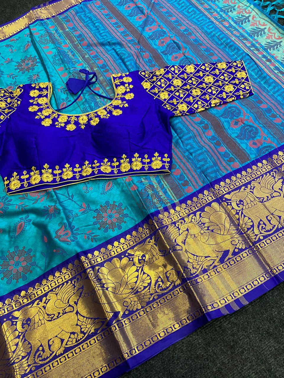 Soft Cotton Kanjivaram Silk Saree With Maggam Work Blouse