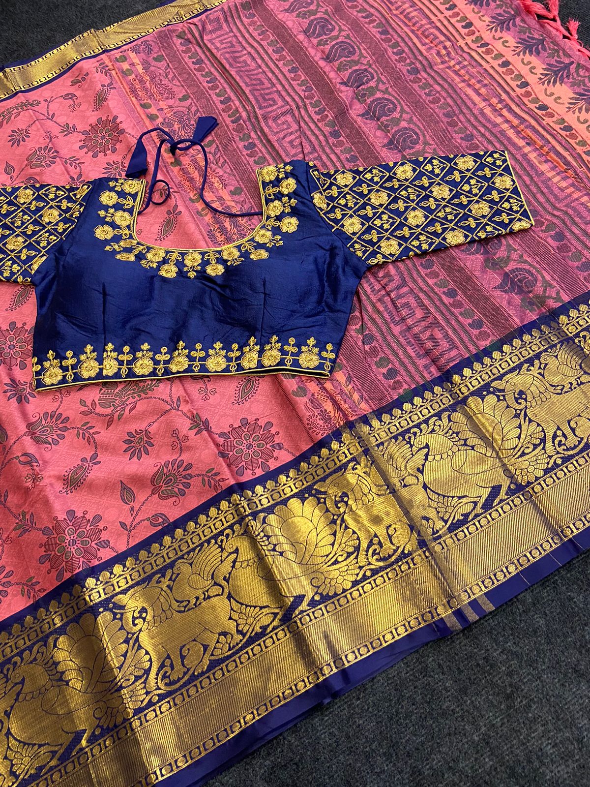 Soft Cotton Kanjivaram Silk Saree With Maggam Work Blouse