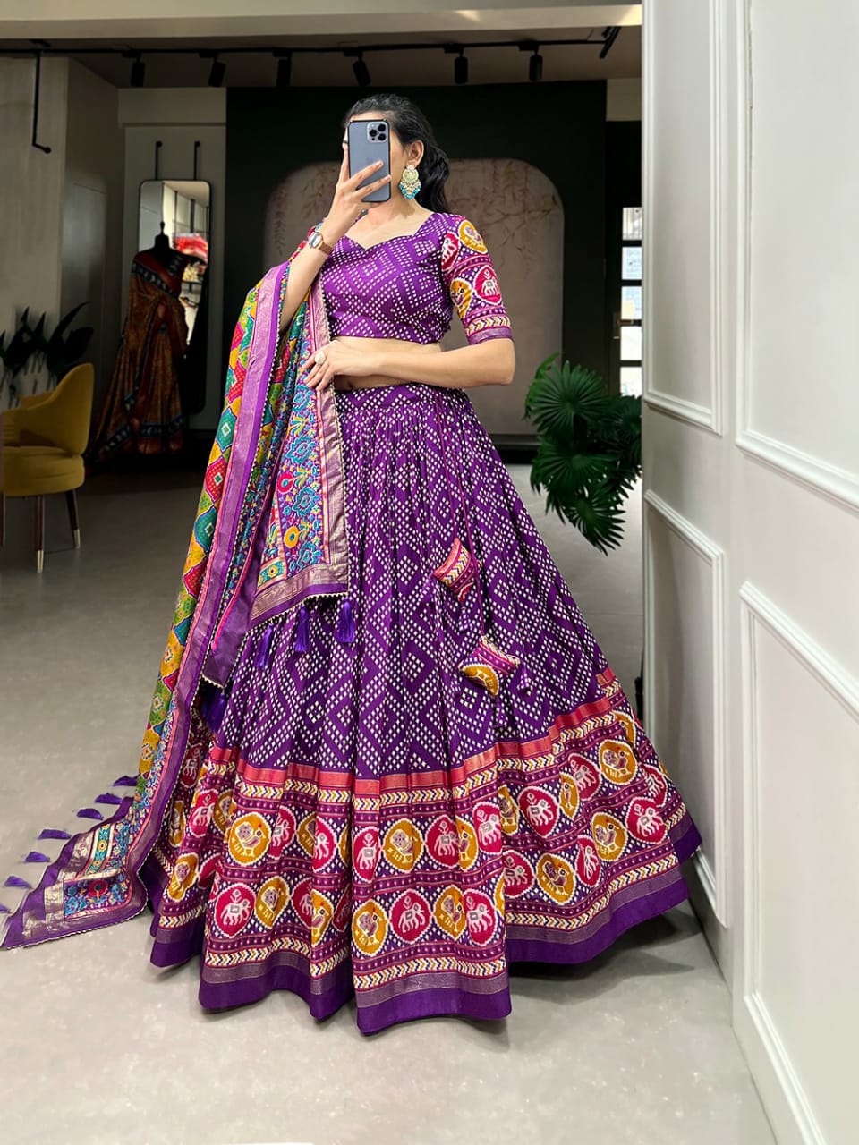 Tussar Silk Lehenga With Bandhej and Patola Printed