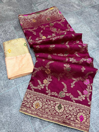 Soft Dola Silk Saree With Zari and Meenakari Weaving