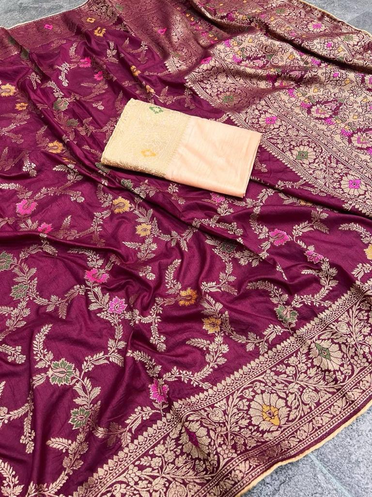 Soft Dola Silk Saree With Zari and Meenakari Weaving