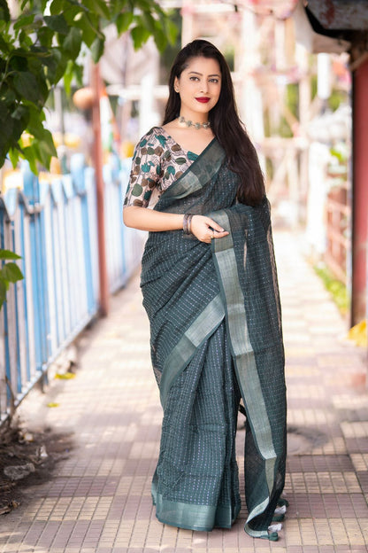 Linen Saree With Self Weaving Chex and Sequence Work