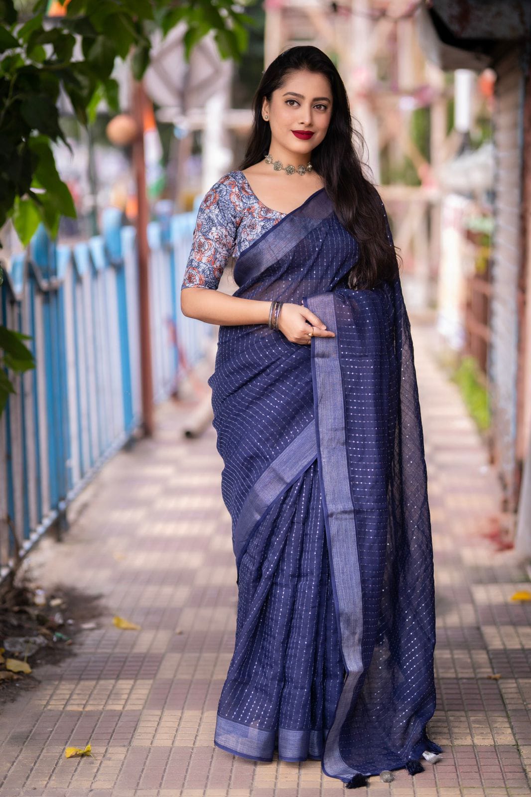 Linen Saree With Self Weaving Chex and Sequence Work