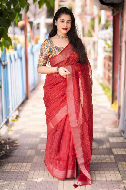 Linen Saree With Self Weaving Chex and Sequence Work