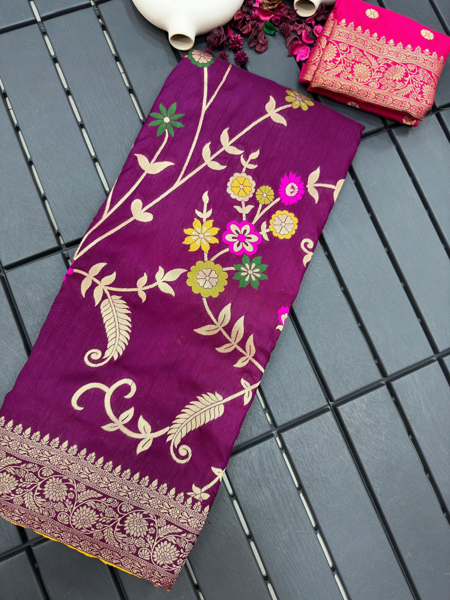 Muga Silk Saree With Floral Pattern in Zari Weaving