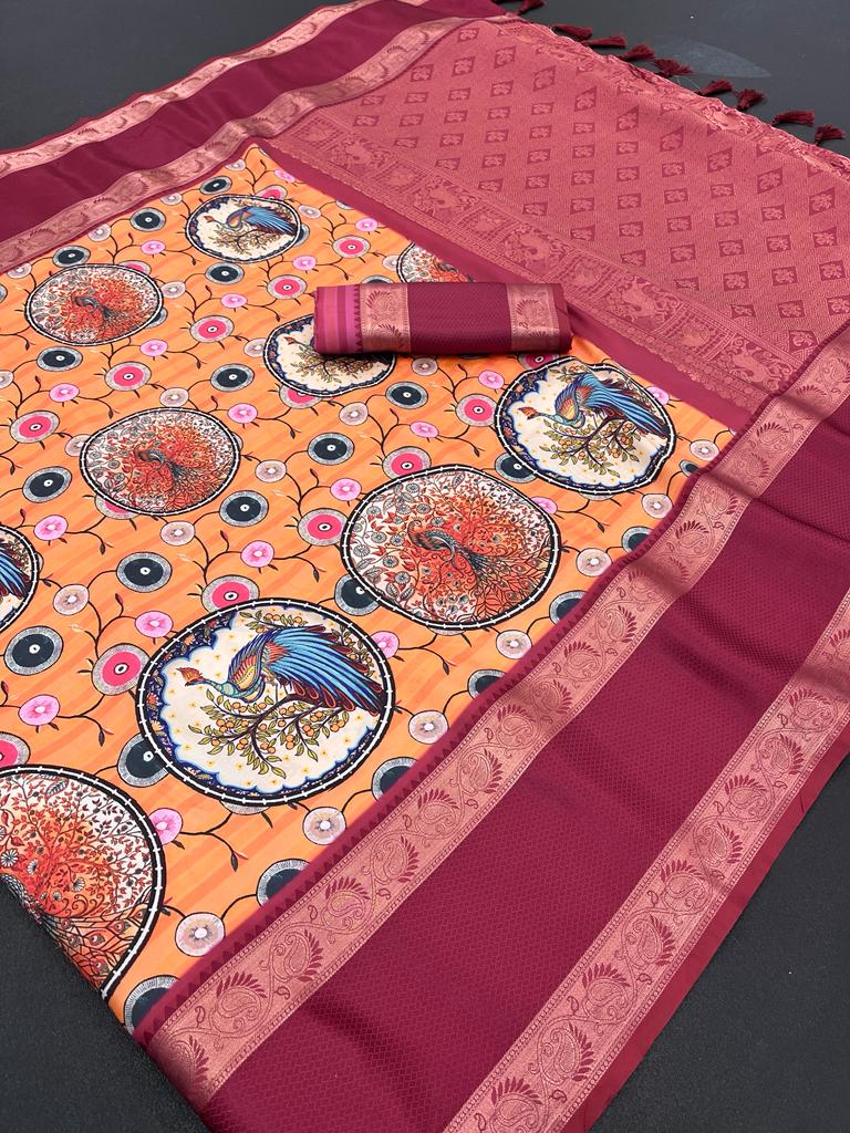 Designer Pure Soft Silk Designer kalamkari Print Pallu Saree