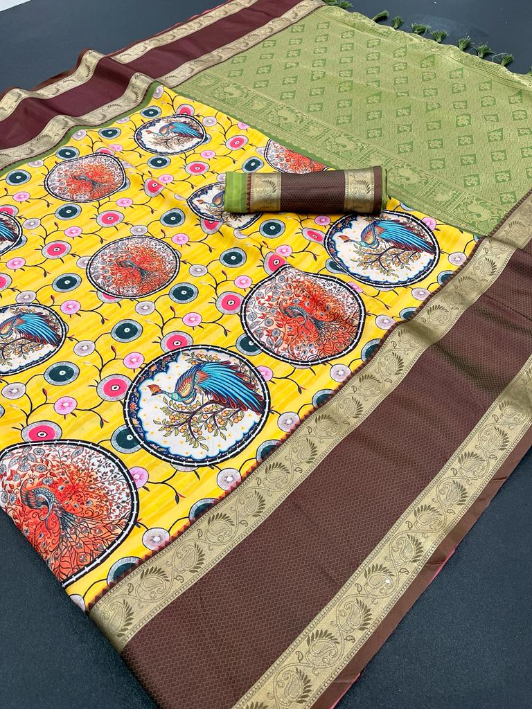 Designer Pure Soft Silk Designer kalamkari Print Pallu Saree