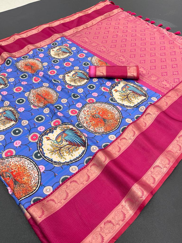 Designer Pure Soft Silk Designer kalamkari Print Pallu Saree