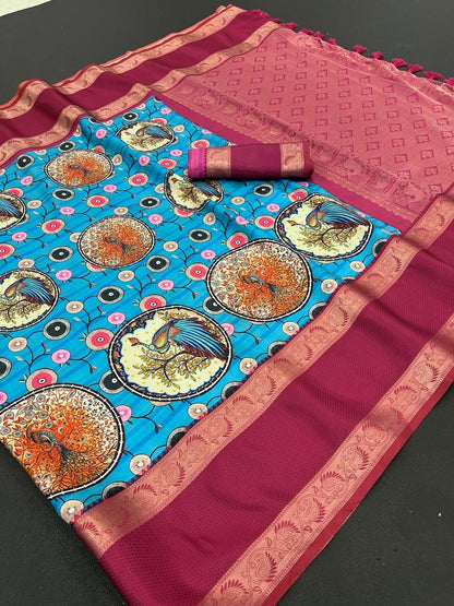 Designer Pure Soft Silk Designer kalamkari Print Pallu Saree