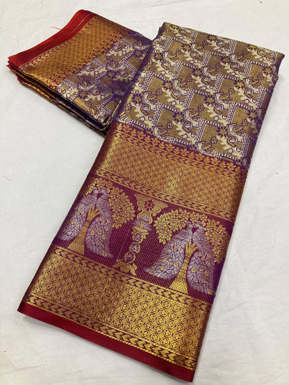 Kanjivaram Soft Silk Saree With Jacquard Design and Zari Weaving