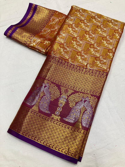 Kanjivaram Soft Silk Saree With Jacquard Design and Zari Weaving