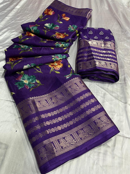 Voilet Dola Silk Saree With Floral Design and Jacquard Border