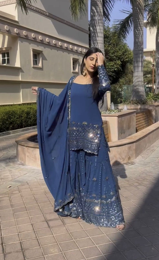 Blue Soft Georgette Sharara Set With Embroidery and Sequence Work