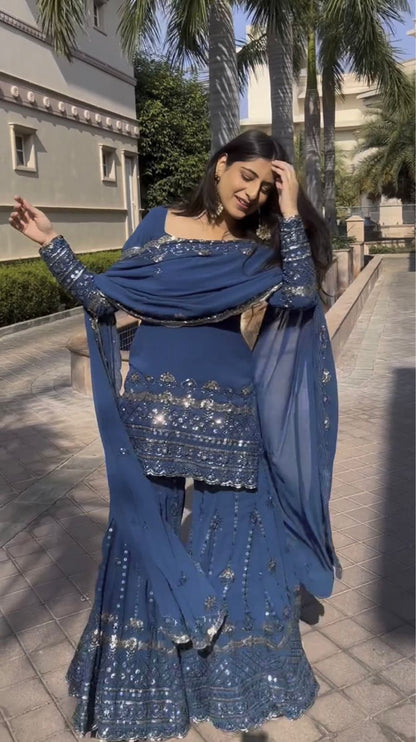 Blue Soft Georgette Sharara Set With Embroidery and Sequence Work