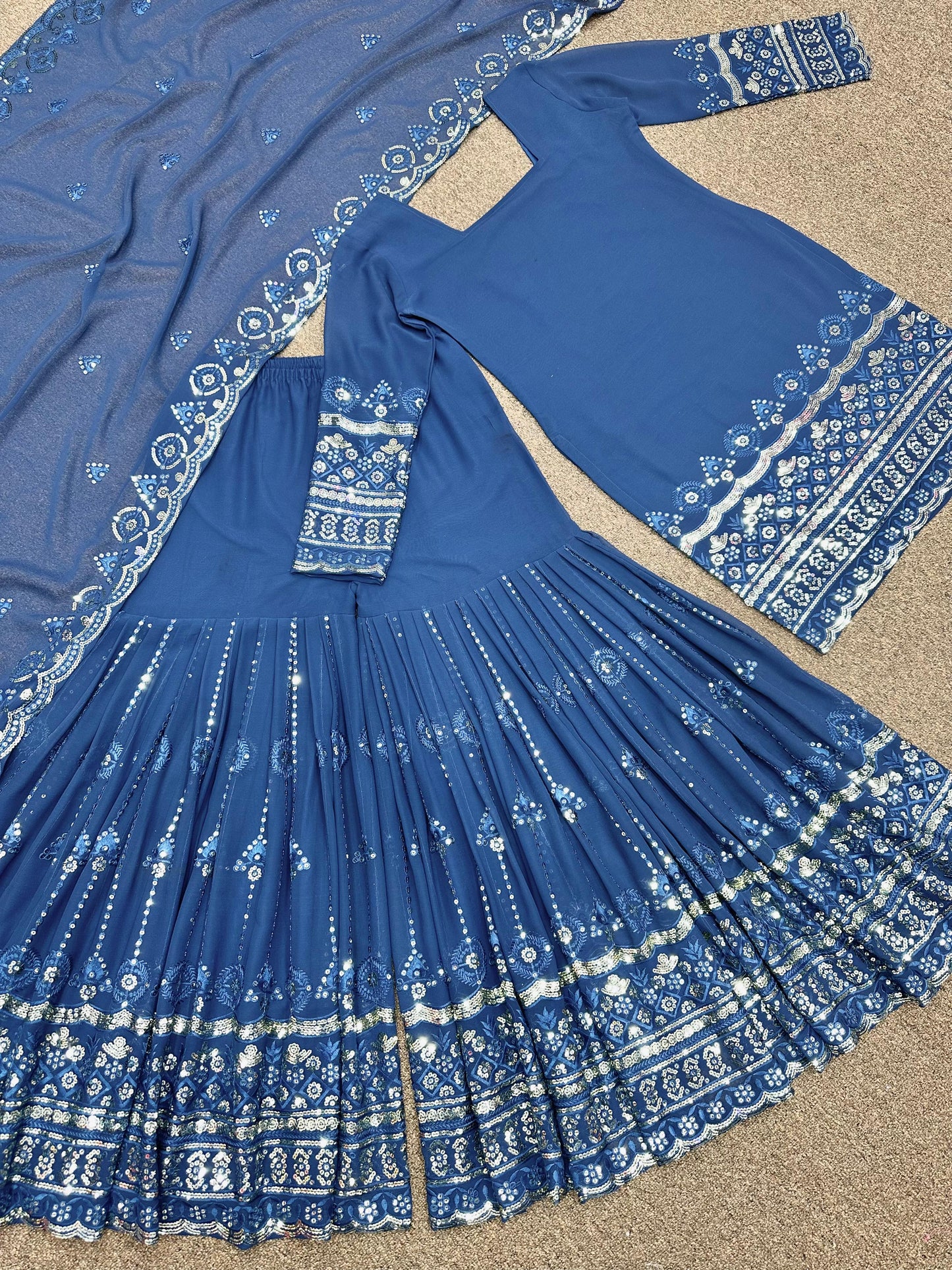 Blue Soft Georgette Sharara Set With Embroidery and Sequence Work