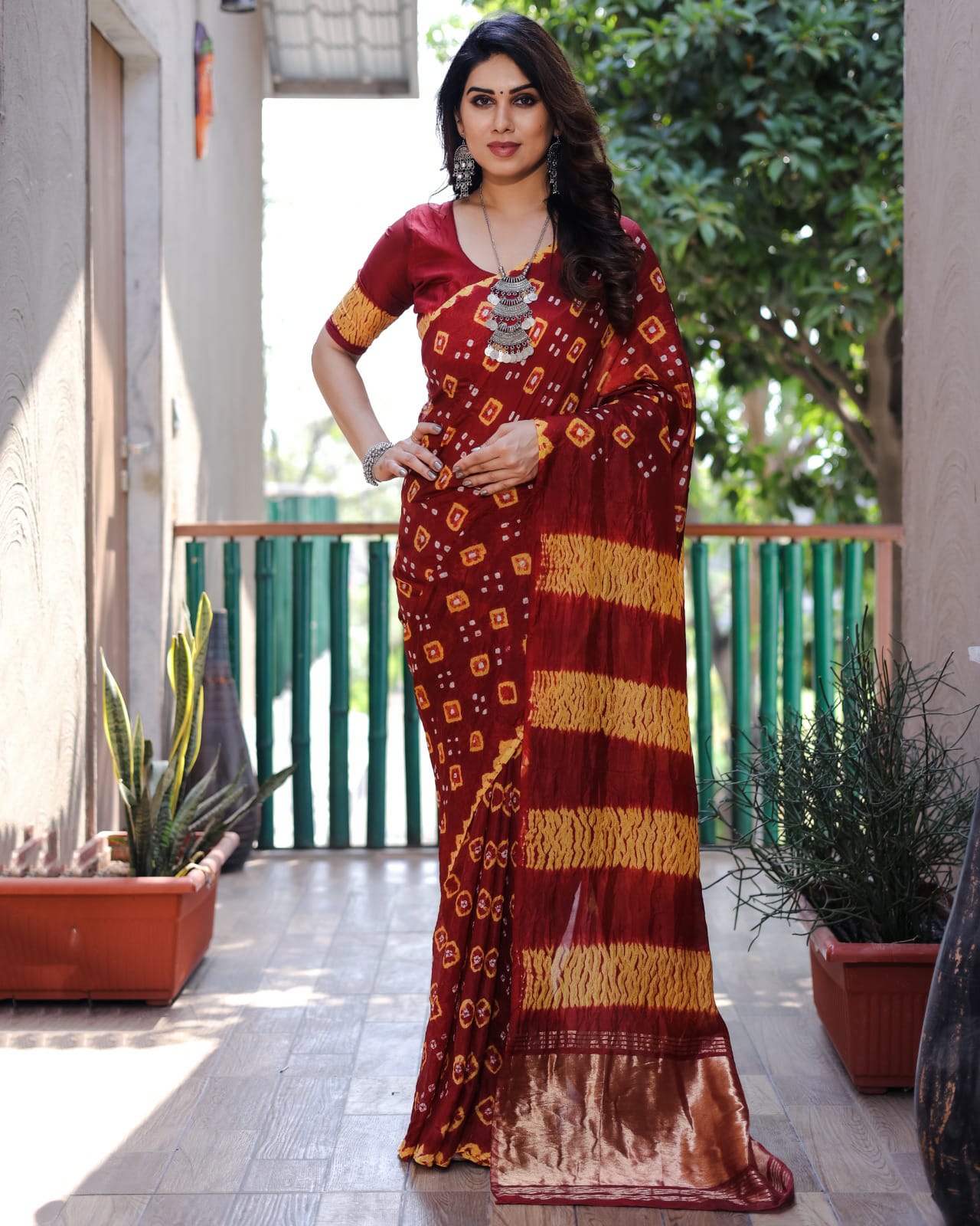 Mustard and Red Bandhej Silk Saree