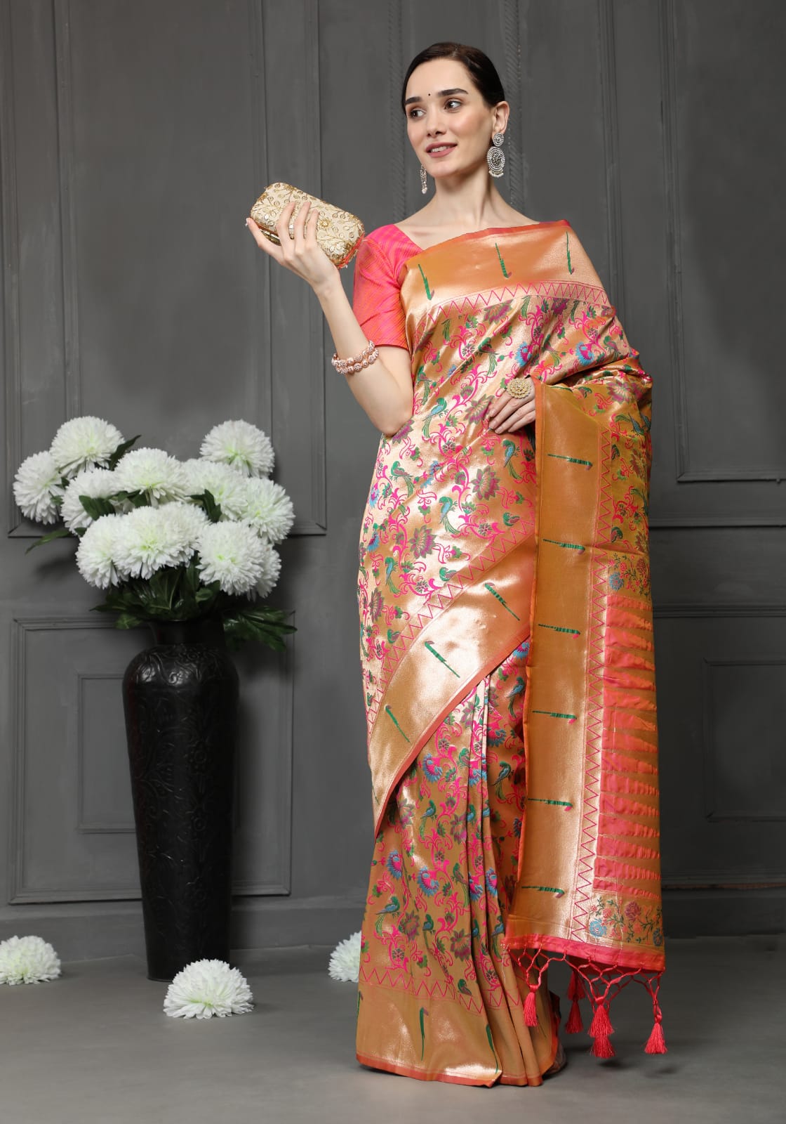 Soft Banarasi Paithani Silk Saree With Meena and Zari Weaving