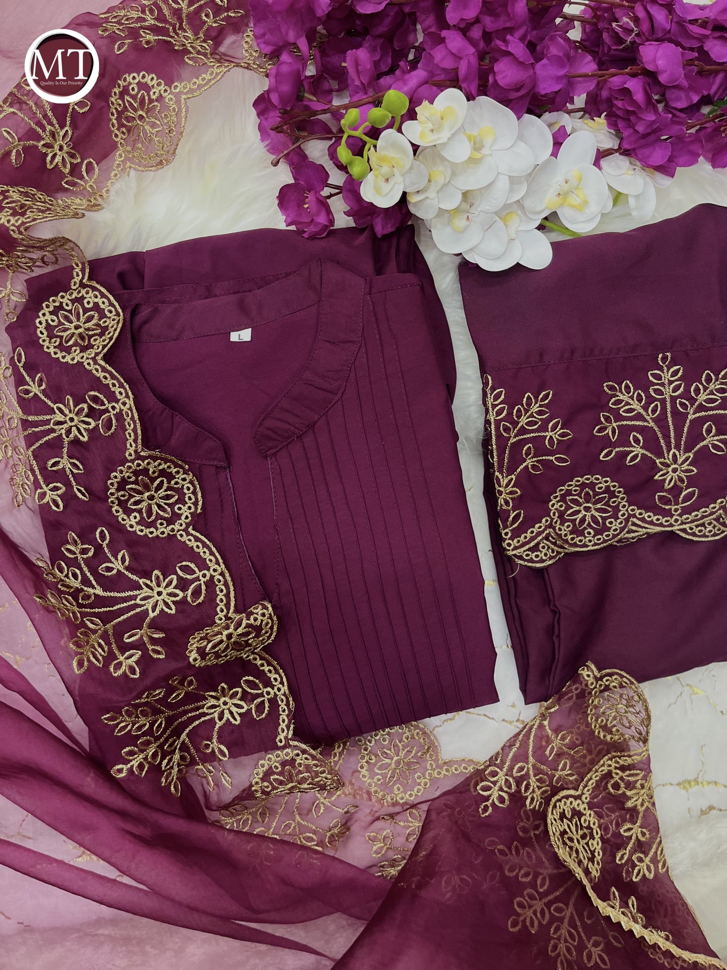 Wine Cotton Silk Kurti Set With Organza Silk Duppatta