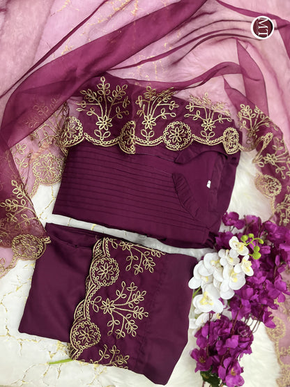 Wine Cotton Silk Kurti Set With Organza Silk Duppatta