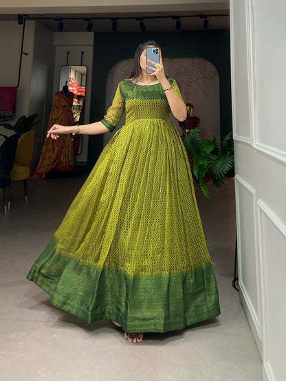 Green Soft Cotton Printed Gown With Zari Weaving Patta