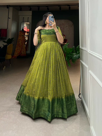 Green Soft Cotton Printed Gown With Zari Weaving Patta