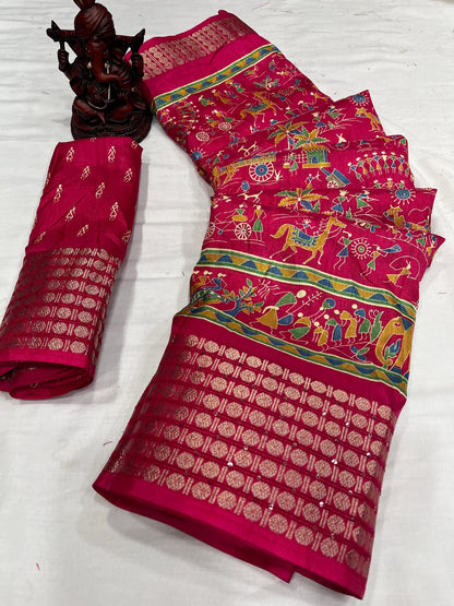 Soft Kalamkari Dola Silk Saree With Jacquard Border