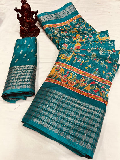 Soft Kalamkari Dola Silk Saree With Jacquard Border