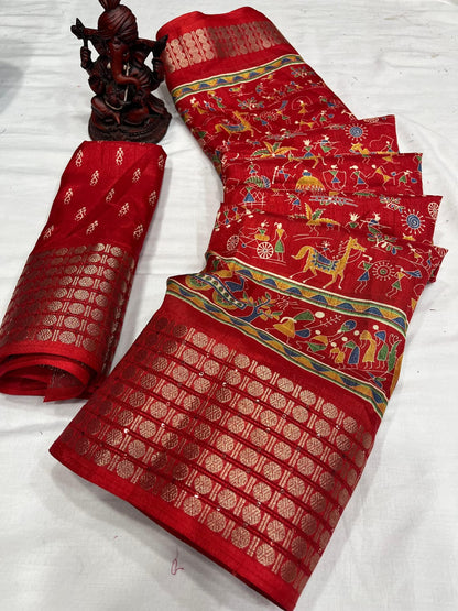 Soft Kalamkari Dola Silk Saree With Jacquard Border