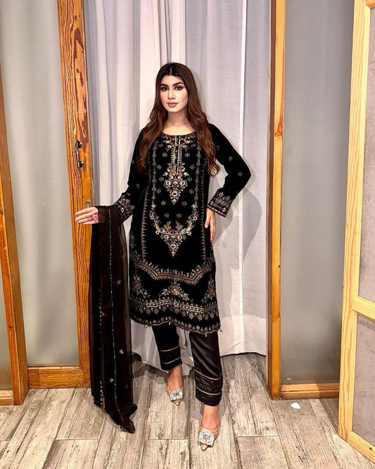 Black Velvet Embroidery Sequence Work Kurti Set