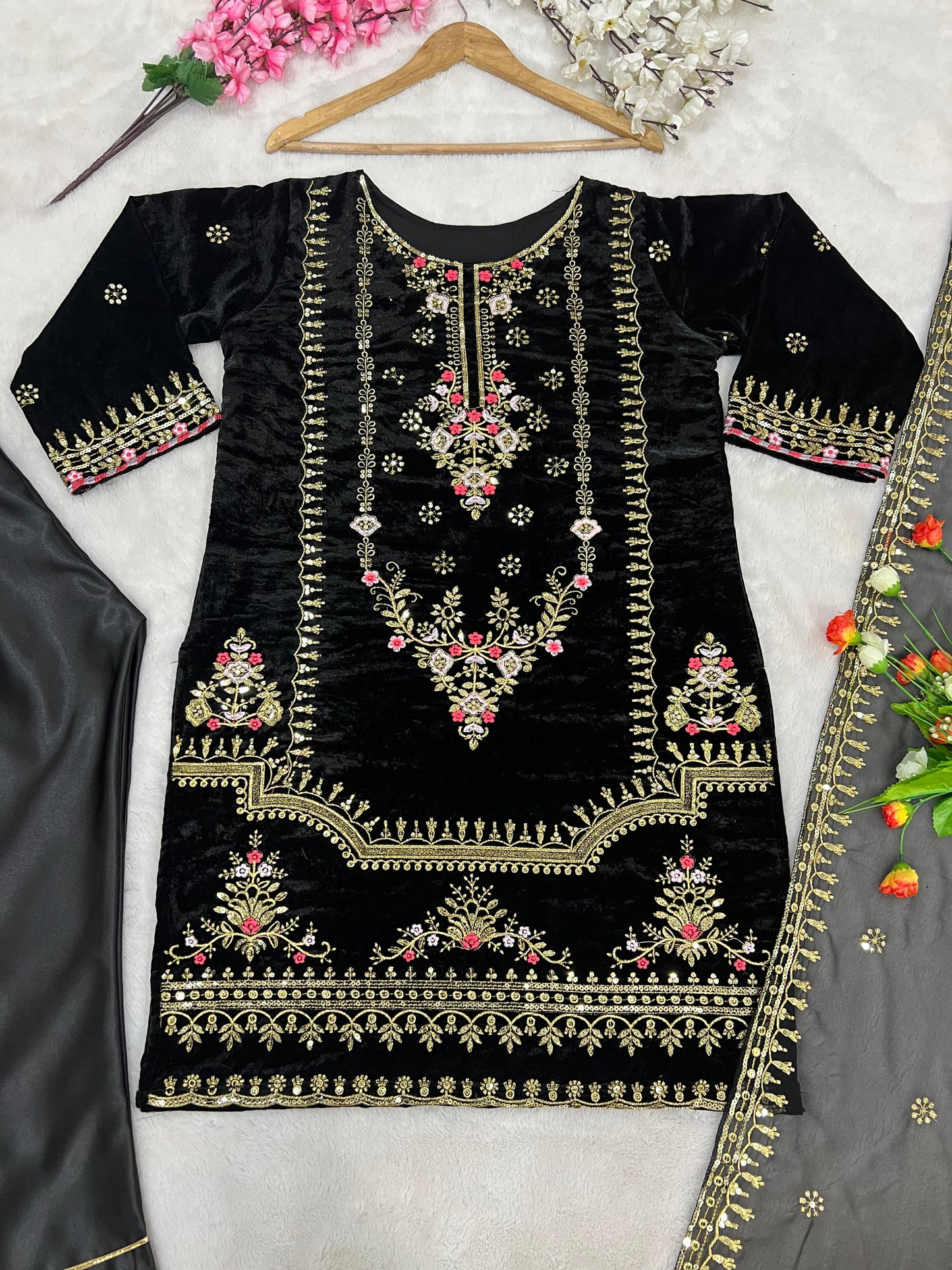 Black Velvet Embroidery Sequence Work Kurti Set