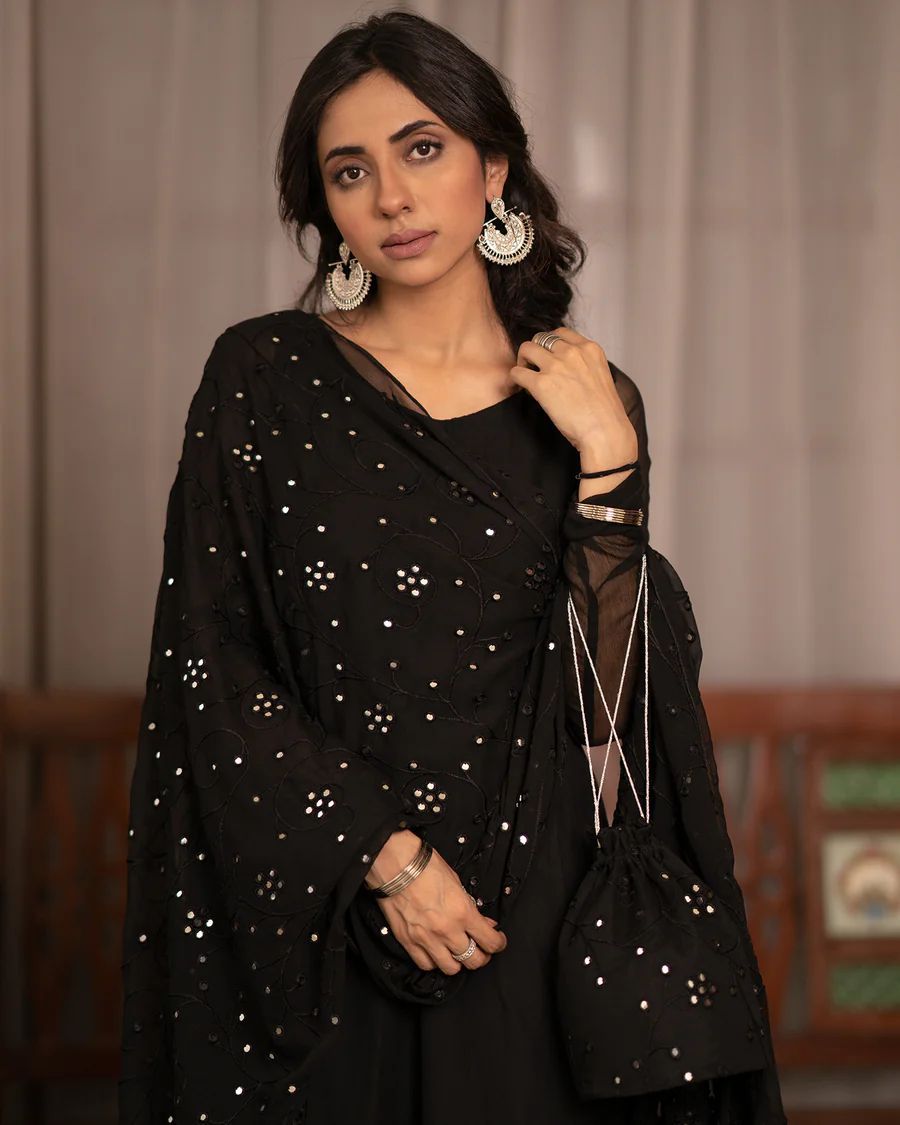 Black Plain Soft Georgette Gown With Embroidery Duppatta