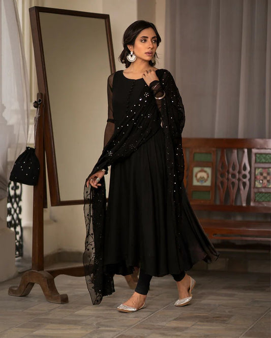 Black Plain Soft Georgette Gown With Embroidery Duppatta