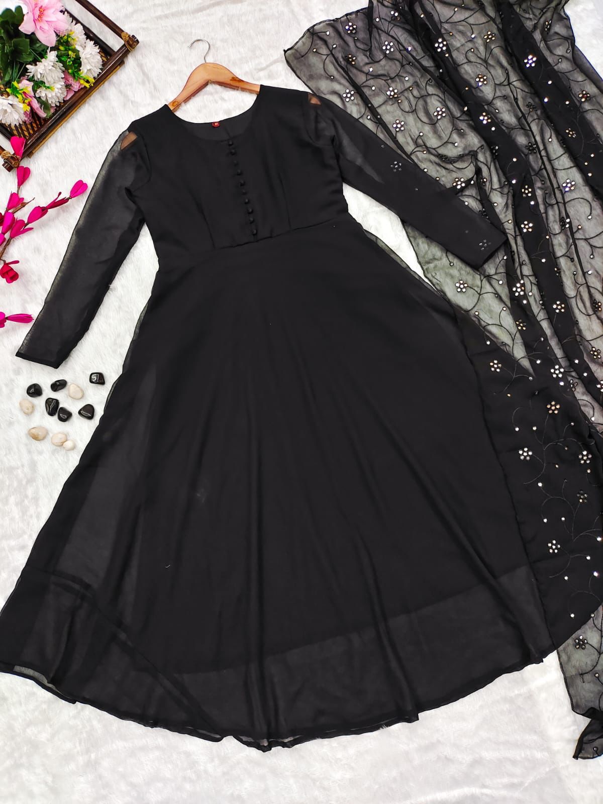 Black Plain Soft Georgette Gown With Embroidery Duppatta