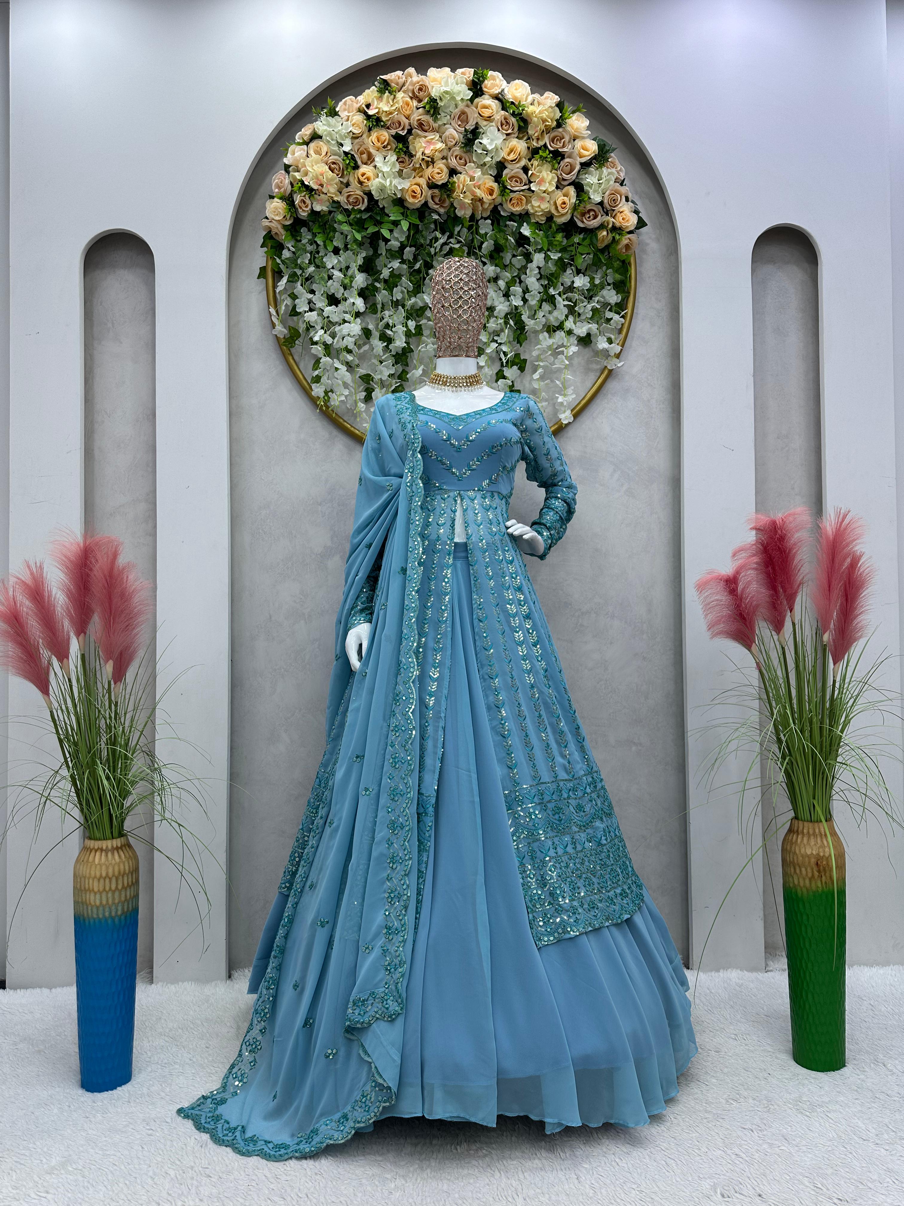 Digital Print Blue Color Sequence Work Gown – Amrutamfab
