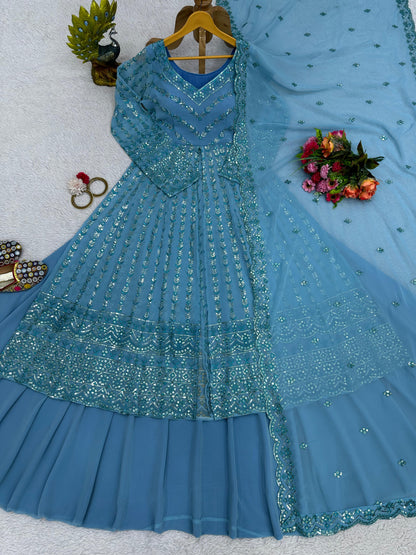 Blue Designer Soft Georgette Sequence Work Gown