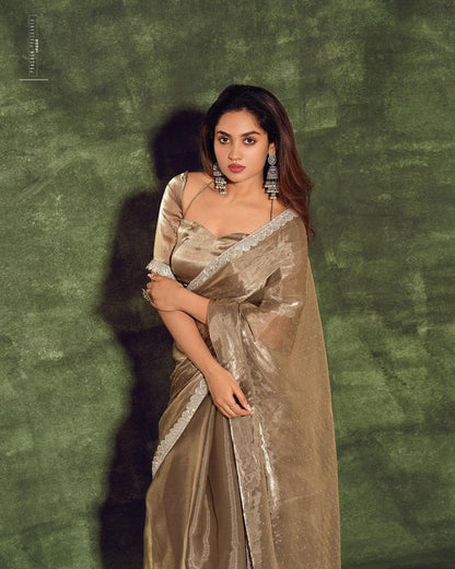 Grey Soft Jimmy Chu Silk Saree With Lace Border