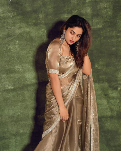 Grey Soft Jimmy Chu Silk Saree With Lace Border