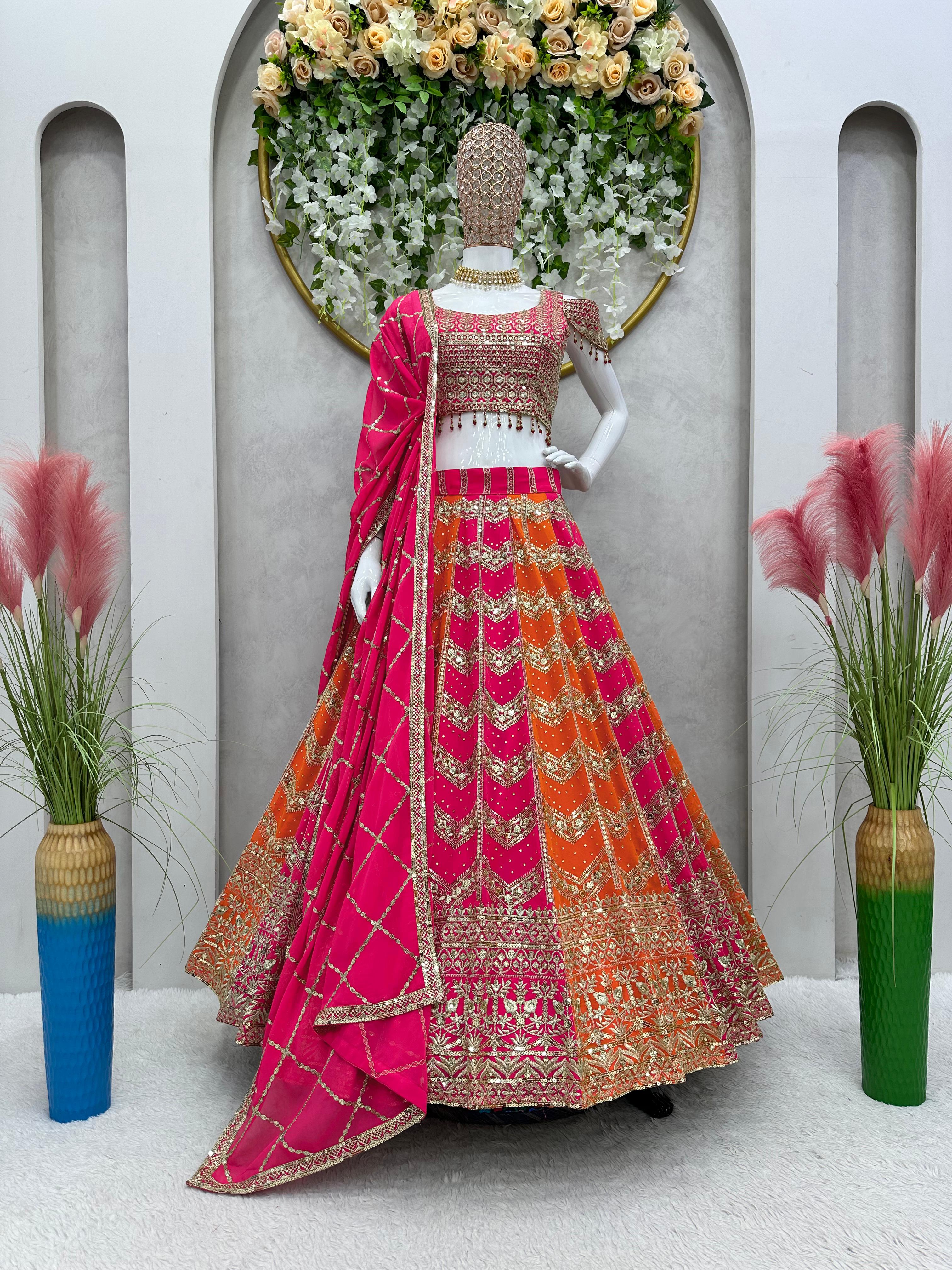 Party Wear Pink Orange Multi Colour Art Silk Sequins Embroidered Umbrella  Lehenga - VJV Now - India