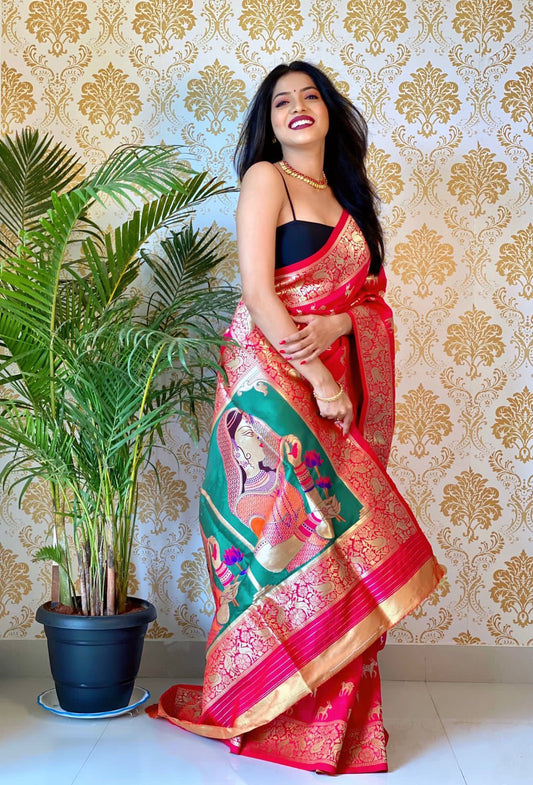 Beautiful Red Paithani Silk Saree With Zari Weaving