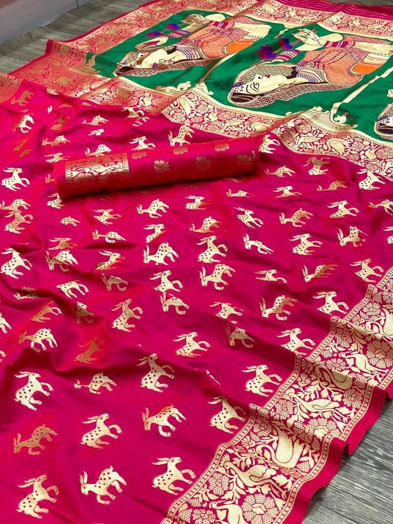 Beautiful Red Paithani Silk Saree With Zari Weaving