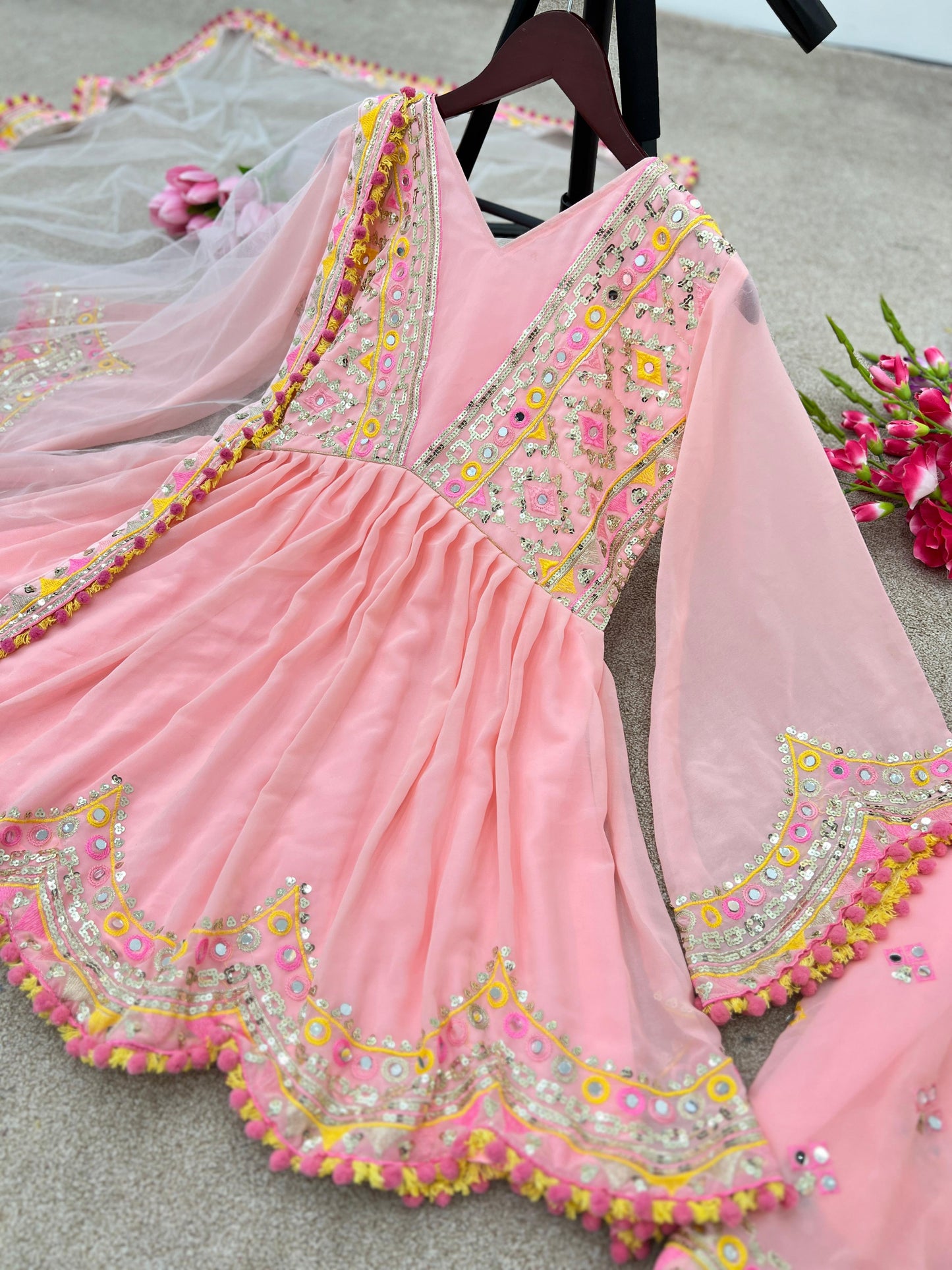 Pink Georgette Shararar Set With Embroidery and Mirror Work