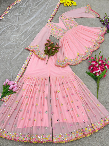 Pink Georgette Shararar Set With Embroidery and Mirror Work