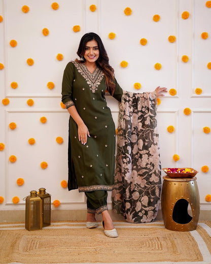 Green Afghani Suit Set With Embroidery and Floral Print