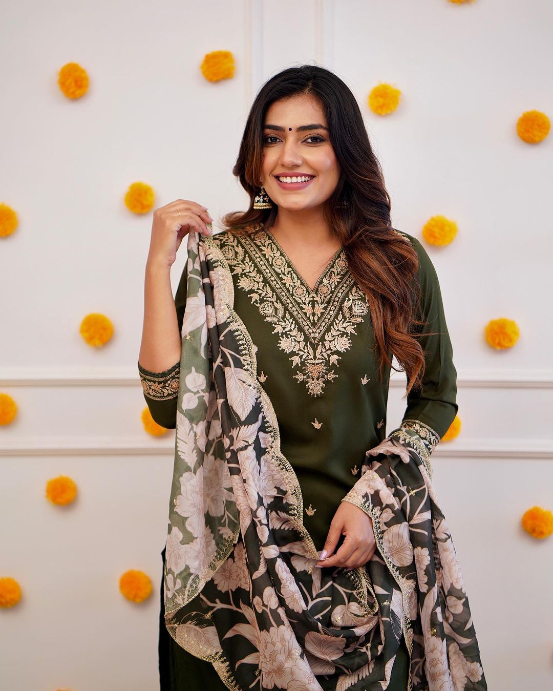 Green Afghani Suit Set With Embroidery and Floral Print